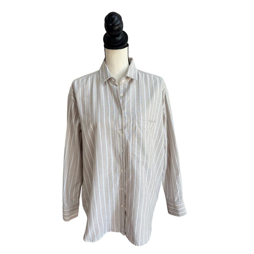 AYR Women's Tan Beige Pinstripe Cotton Oxford Button Down Shirt Oversized M